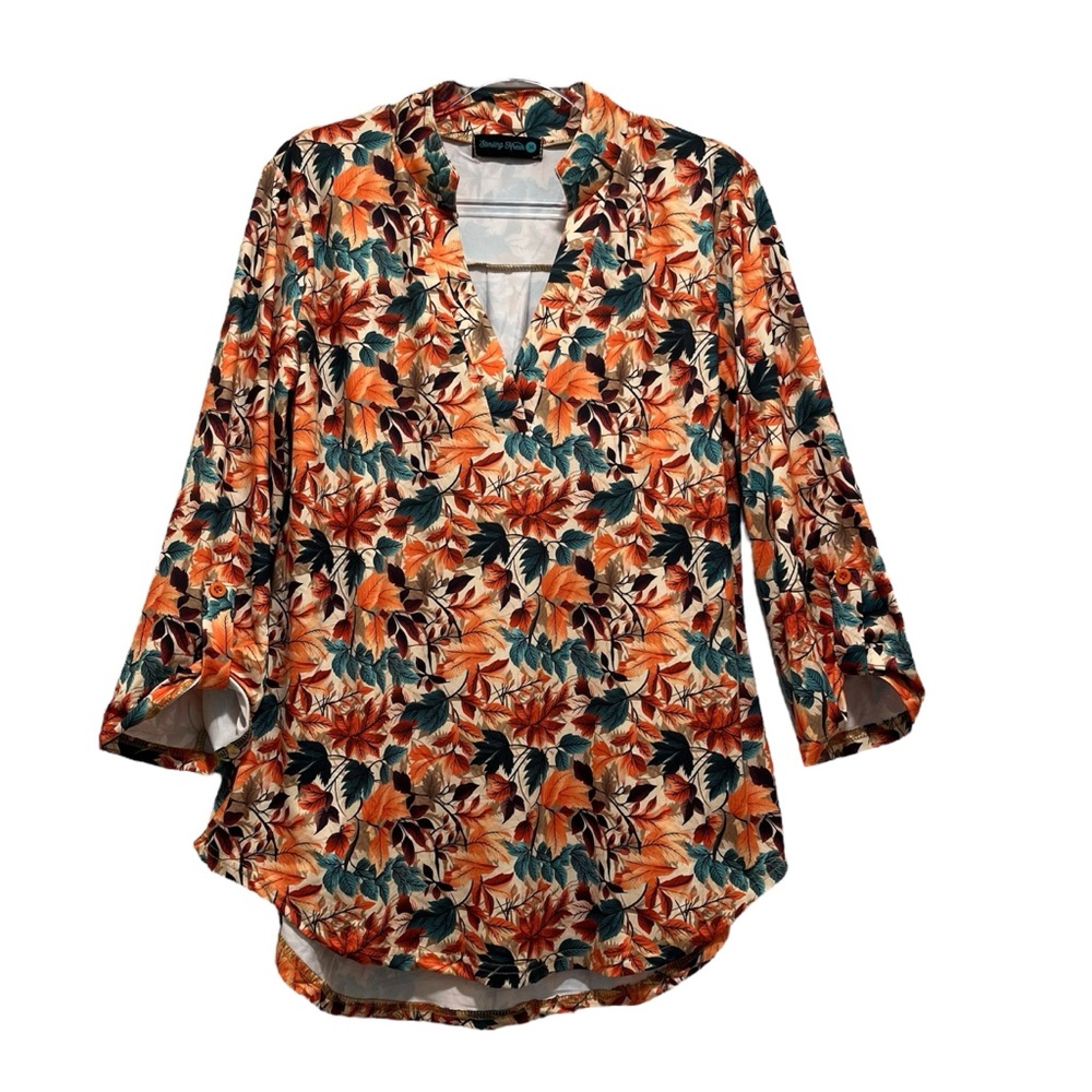 Sterling Creek Fall Leaf Print Boho Artsy V-Neck 3/4 Sleeve Stretch Shirt Sz M